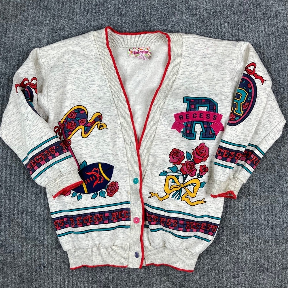 Celebration Cardigan Womens Size M Cream Vintage Recess Graphic Button‎ Up